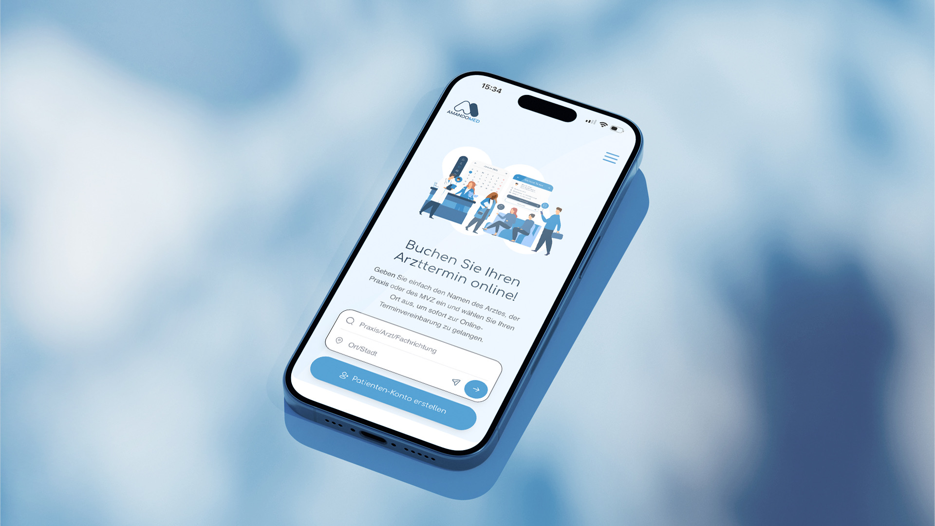 AmandoMed booking platform homepage on a phone — 'Buchen Sie Ihren Arzttermin online!' above search fields for practice, doctor, specialty, and location